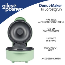 Giles & Posner Doughnut Maker - Single Large Donut Machine, PFAS Free Non-Stick Coating, Easy to Clean, 12.5cm Plate Size, Indicator Lights, Sweet Treats, Cool Touch Handle, 550W