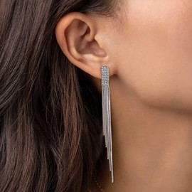 Sttiafay Vintage Rhinestone Dangle Earrings Silver Sleek Chain Drop Earrings Crystal Long Chain Tassel Earrings Sleek Metal Chain Earrings Jewelry for Women