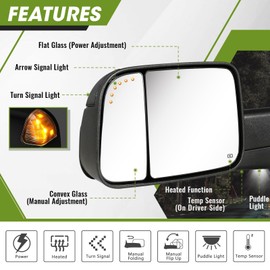 SIZIOM Towing Mirrors Pair Set for 2009-2018 Dodge Ram 1500, 2010-2018 Ram 2500 3500, 2019-2024 1500 Classic Side Mirrors with Turn Signal Light Puddle Lamp Manual Flip Up Power Heated (Smoke Lens)