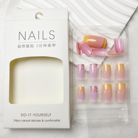Press on Nails Long Coffin Fake Nails Pink Orange Ombre Shiny Acrylic False Nails with Glitter Sequins Designs Glue on Nails Gradient Glossy Artificial Stick on Nails for Women Manicure 24Pcs
