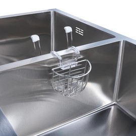 MEAERTON 2-in-1 Sponge Holder with Cup Drying Rack Dish Sponge Caddy 304 Stainless Steel Sink Basket,Plastic Clip Design-Ideal for 15/16 inch-1.6 inch Sink dividers.