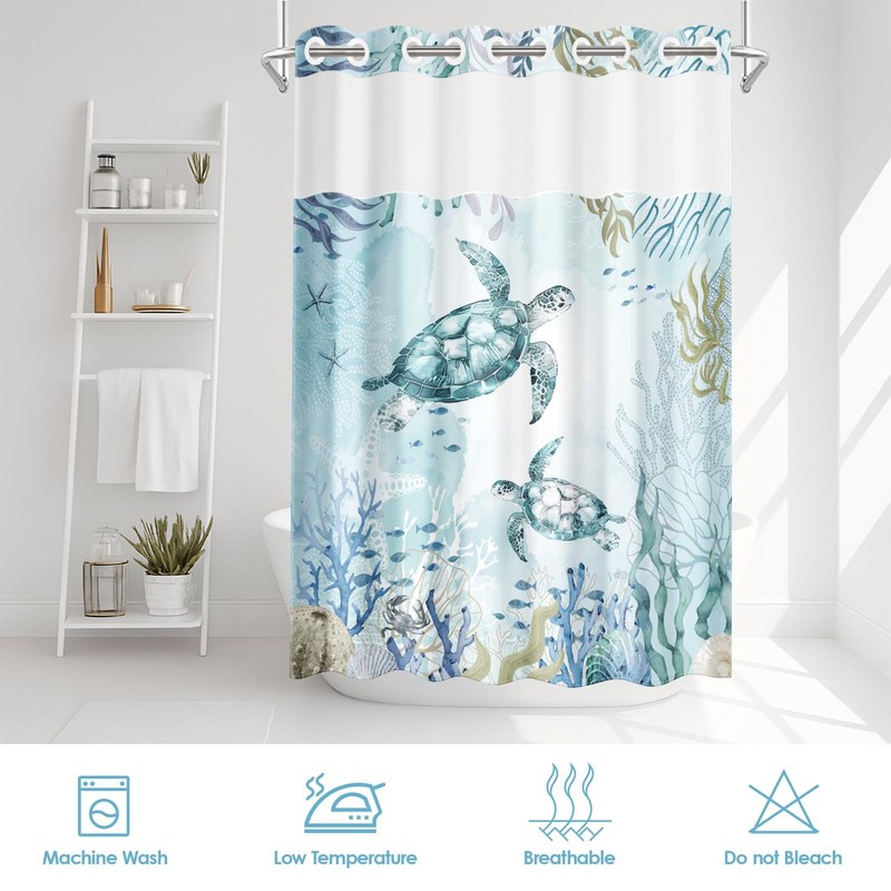 Nesphy No Hook Nautical Blue Sea Turtles Shower Curtain with
