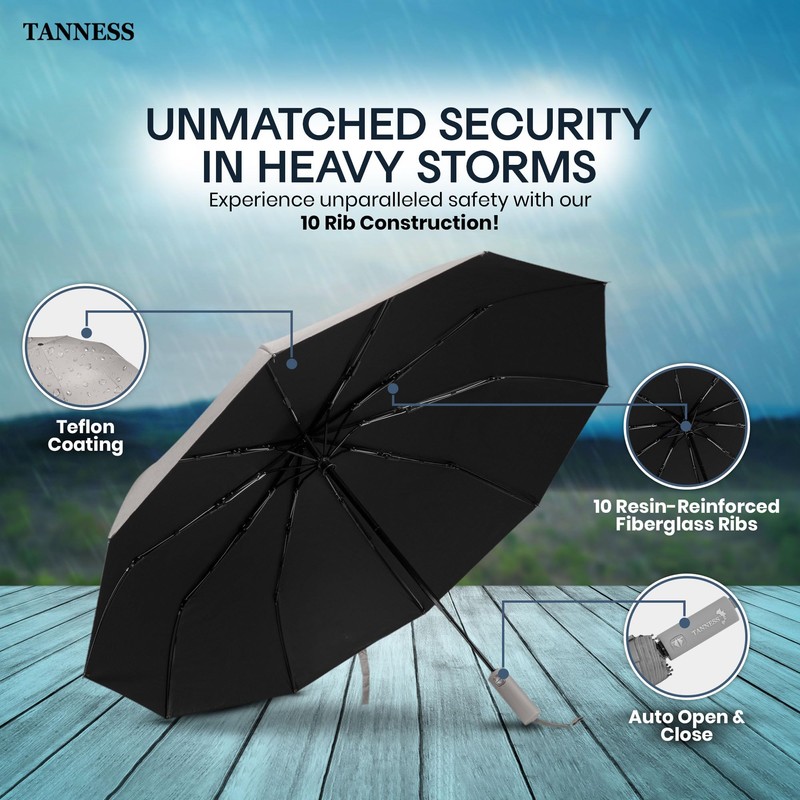 TANNESS Windproof Umbrella – 10-Rib Waterproof & Compact Umbrella with