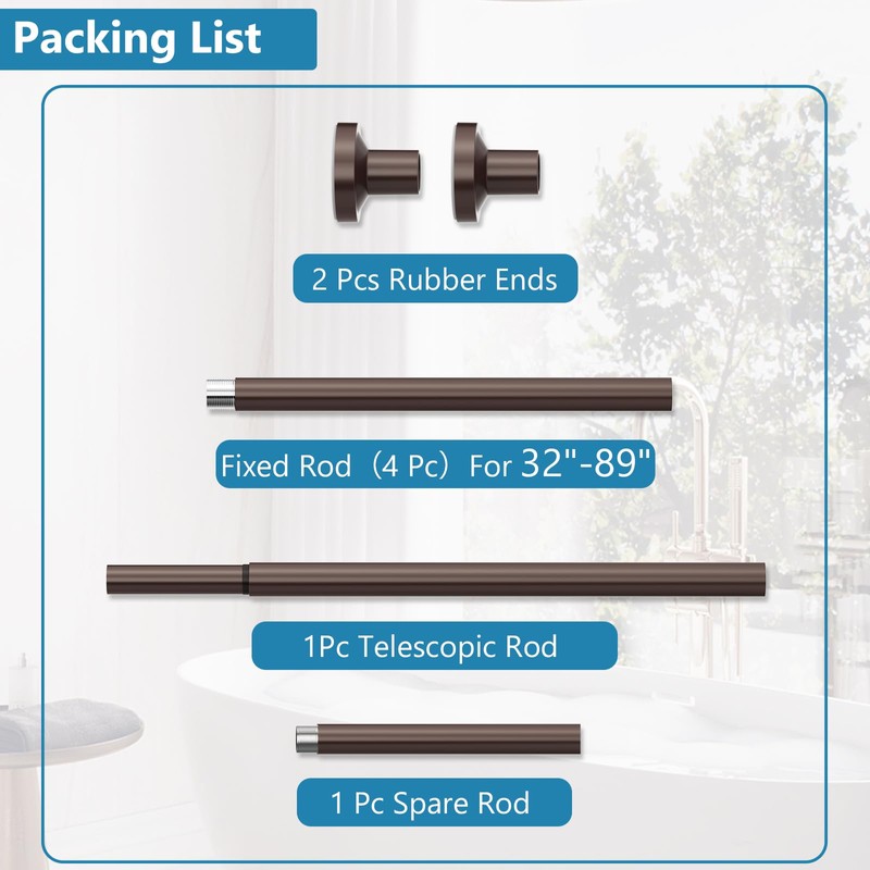 Bonpally Shower Curtain Rod 32-89 Inches Adjustable, Non-Slip Spring Tension