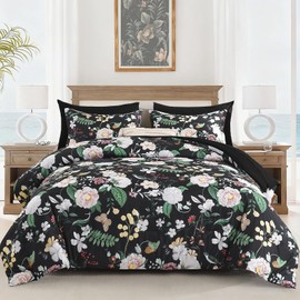 Anibedding 7Pieces Floral Queen Size Comforter Set, Garden Plant Flower Style Bed in a Bag Black White Bedding Comforter Set with Pillow Case for Bedroom