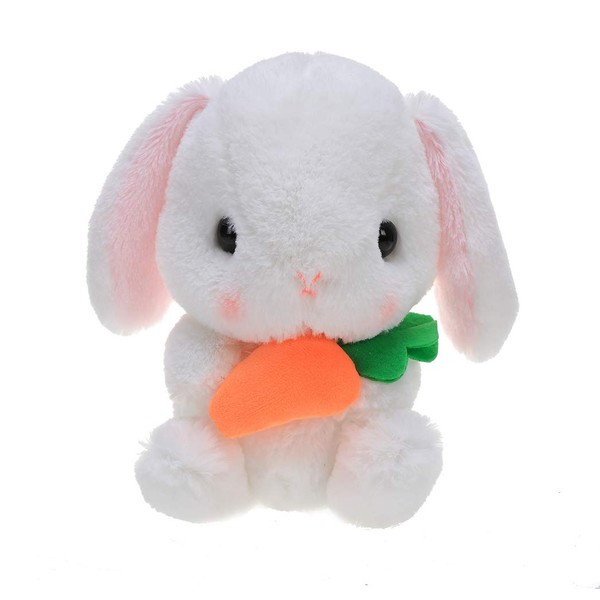 Plushland Easter White Stuffed Bunny Animal with Carrot Soft Lovely Realistic Long-Eared Standing Rabbit Plush Toy