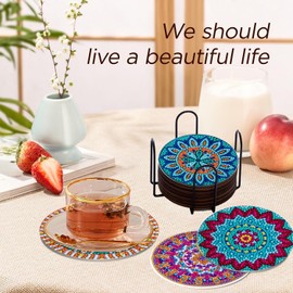 8 Pcs Diamond Painting Coasters Kit with Holder,Wooden Pad + Acrylic Board Double Layer Coasters,Flower Diamond Art Coasters for Adults Beginners Art Craft.