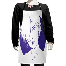 Ambesonne Hair Salon Apron, Negative Effect of Woman with Short Messy Hair Monochrome Design, Small Apron Bib with Adjustable Ties for Baking Painting, Small Size, Violet and White