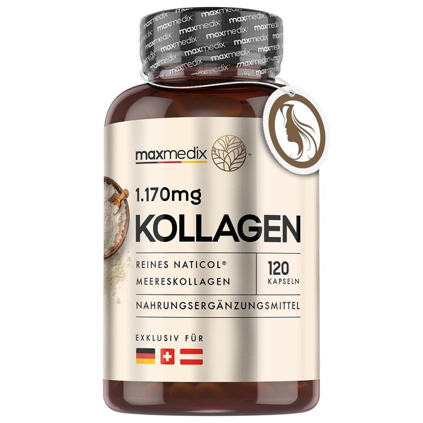 Collagen Capsules - 120 Pure Marine Collagen Capsules - 1.170 mg NatiCol Collagen Hydrolysate Type1 - Laboratory tested in Germany by Agrolab - Fish Collagen - Collagen Protein Powder by maxmedix