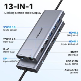 USB C Laptop Docking Station Dual HDMI Monitor 13 in 1 USB C Hub with Multiport Adapter Dongle with 2 HDMI, DP, Ethernet, PD Charging, 3 USB 3.0, 2 USB 2.0, SD/TF, Mic/Audio for Dell/HP/Lenovo/Surface