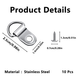 10 Sets D Rings Picture Hangers, Picture Hanging Hooks Picture Frame Hooks Metal D Ring Picture Hangers Picture Hanging Kit 10PCS Canvas Hook 10PCS Screws for Picture Photo Frame Hanging Decoration