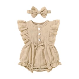 Happy Town Newborn Baby Girl Summer Clothes Infant Linen Romper Ruffle Sleeve Baby Girl Jumpsuit Outfits (Khaki, 6-12 Months)