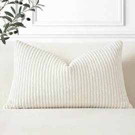 Artscope Cozy Striped Corduroy Cushion Cover 30x50cm Super Soft Decorative Oblong Throw Pillow Covers Case for Sofa Couch Bedroom Car Decor 12 x 20 Inches, Cream White