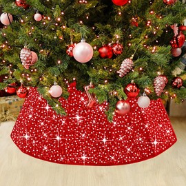 Caja de collar de árbol de Navidad rojo de 25.19 pulgadas, anillo de árbol de Navidad plegable de terciopelo para decoración del hogar de árbol de Navidad