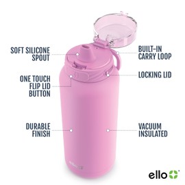Ello Cooper 32oz Stainless Steel Water Bottle with Straw and Carry Handle, Double Walled and Vacuum Insulated Metal, Leak Proof Locking Lid with Soft Silicone Spout, Reusable, BPA Free, Bubblegum