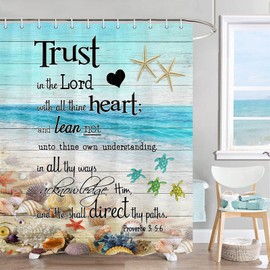 Ocean Beach Theme Shower Curtain for Bathroom, Bible Verse Inspirational Seashell Starfish Shower Curtains, Summer Tropical Sea Turtle Nautical Coastal Fabric Bath Curtain Decor with Hooks, 70X72IN