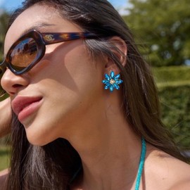 Flyonce Flower Clip-on Earrings for Women, Light Blue Rhinestone Sparkly Crystal Statement Floral Clip Earring Studs Non Pierced Ears Wedding Party Summer Jewelry