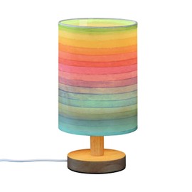YYZZH Table Lamp Colorful Striped Watercolor Bright Color Rainbow Print Nightstand Lamp with Wood Base Fabric Lamp Shade Bedside Desk Lamp for Living Room Bedroom Kids Room Office