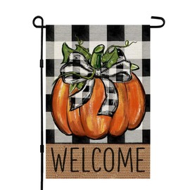 CROWNED BEAUTY Fall Pumpkin Garden Flag 12x18 Inch Double Sided for Outside Thanksgiving Burlap Buffalo Plaid Small Welcome Seasonal Yard Flag (Orange)