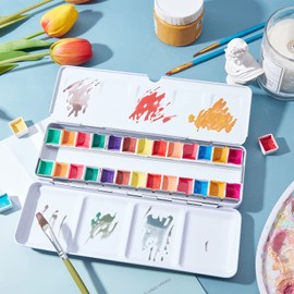 PandaHall Tin Box Palette Paint Case, Watercolour, 24 Pieces, 2 ml Pans, 2 Fold-Out Mixing Areas for Travel, Acrylic, Oil, Plein Air, Painting, Sketch, Artist, Student, Hobbist