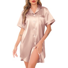 Vlazom Women's Satin Nightshirt Button Down Silk Nightdress Short Sleeve Nighties Boyfriend Sleepshirt Notch Collar Sleepwear Dark Champagne,XL