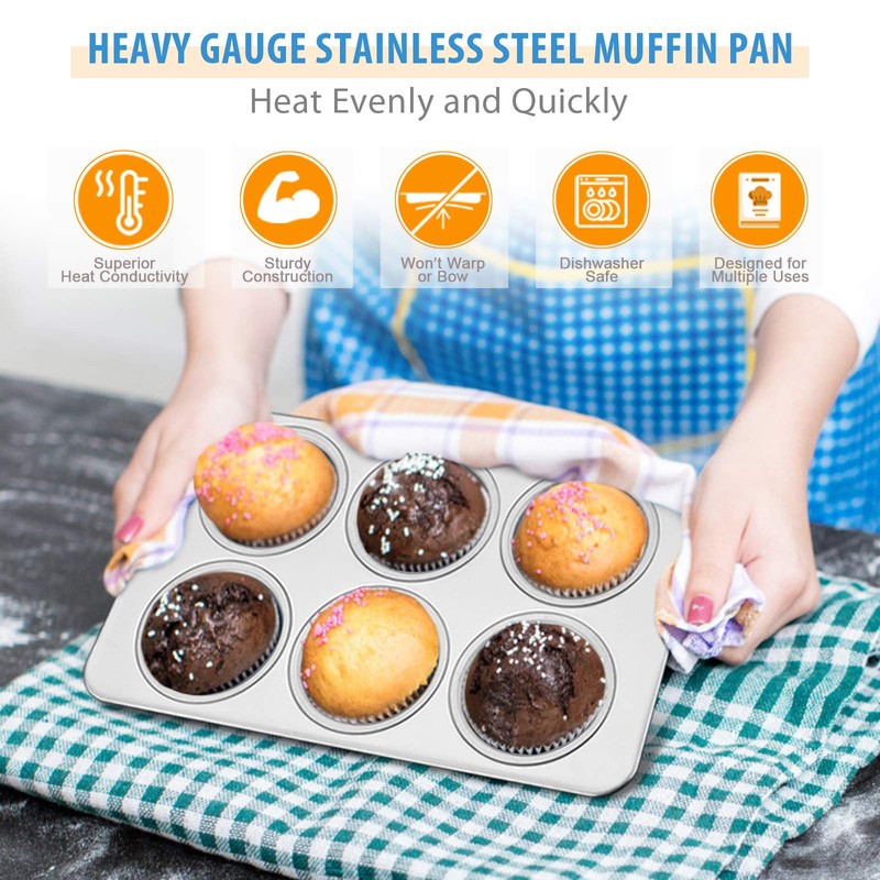 Stainless Steel Muffin Pan, E-far 6-Cup Cupcake Pan Tin for