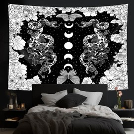 dueeia Moon Phase Witchy Tapestry Wall Hanging Snake Witch Occult Black and White Dark Tapestries for Bedroom Aesthetic Living Room Wall Decor (59.1"x51.2")