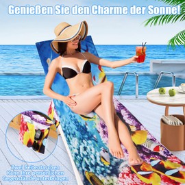 Oemmn Ocean Slipcover for Garden Lounger, Microfibre Quick-Drying Beach Towel with 2 Pockets, Terry Towelling Lounger, Garden Sun Lounger, Towel for Swimming Pools, Beaches, Garden