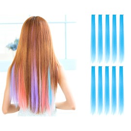 OneDor 23 Inch Colored Party Highlights Straight Hair Clip Extensions. Heat-Resistant Synthetic Hair Extensions in Multiple Colors (10 Pcs Sky Blue)