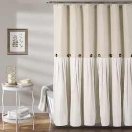 Lush Decor Linen Button Farmhouse Shower Curtain Pleated Two Tone Design for Bathroom, 72"W x 78"L, Linen