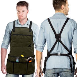 Under NY Sky Tool Apron - 20 Pockets and Slots, Cross-Back, Heavy-Duty Waxed Canvas - Woodwork, Garden, Shop (Green Cross-Back)