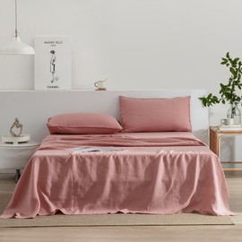EVERLY Linen Sheets Set King Size,100% French Stonewash Pure Linen Bed Sheets,4Pieces (1Flat Sheet,1Fitted Sheet,2Pillowcase) Suitable for Hot Sleepers,Deep Pocket Natural Bedding Set-Pink