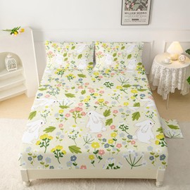 QOOMO Cute Bunny Microfiber Flat Fitted Sheets for Children Green Plants Beautiful Flowers Kids Sheets Set Wildlife Super Soft Kids Bedding Set Full Size 1 Fitted Sheet, 1 Flat Sheet, 2 Pillow Cases