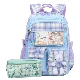 rlpgdji Kawaii Backpack for Girls Bunny Striped School Bag Casual Laptop Bag with Cute Pen Case