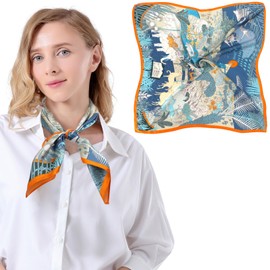 Bezioner Silk Scarf 100% Mulberry Silk Head Scarf 68cm Square Neck Scarves Printed Sleeping Bandana for Women Blue/Orange