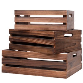 SENRYEE Wood Crates For Storage,Decorative Vintage Brown Wooden Crates For Display,Handmade Solid Wood Boxes,Set Of 3 Rustic Black Wooden Crate. (vintage brown)