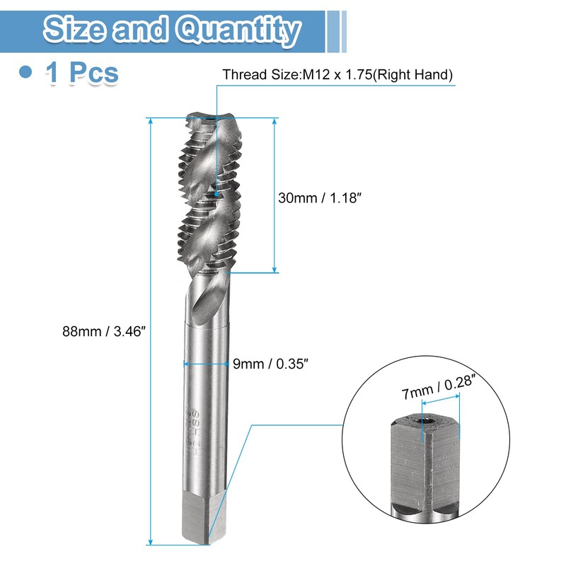 sourcing map Spiral Flute Thread Taps M12 x 1.75 H2