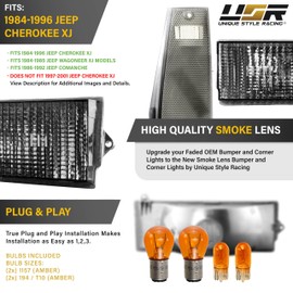 USR 84-96 XJ SUV Front Lights – Side Parking and Turn Signal Lamps 4pc (Left + Right) Set - Compatible with 1984-1996 Jeep Cherokee All Models (SMOKE LENS CORNER and BUMPER LIGHTS with AMBER BULBS)