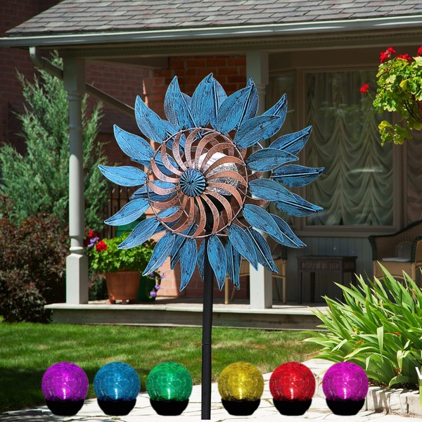 Solar Wind Spinner - Wind Spinners for Yard and Garden 75 Inch Multi-Color LED Lighting Solar Powered Glass Ball with Kinetic Metal Sculpture for Outdoor Yard Lawn & Garden Christmas Holiday