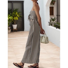 LIWEIKE Women's Summer Strapless Jumpsuits Striped Smocked Bow Tie Front Rompers 2025 Casual One Piece Jumpsuit with Pockets (Black White, Small)