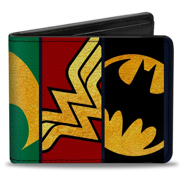 Buckle-Down Men's PU Bifold Wallet-Justice League 5-Superhero Textured Logo Close-UP