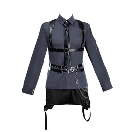 miccostumes Unisex Cosplay Accessory Black Leather Body Harness Belt Set with Waist Chain Gloves Necktie (black, S/M)