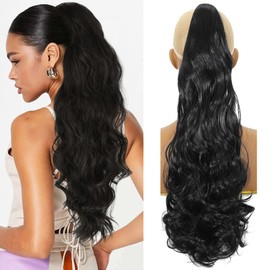 HENSLEELY Long Curly PonyTail Hair Extensions 22Inch Black Claw Wavy Ponytail Extension for Women Fluffy Synthetic Clip in Hairpiece for Daily Use(22Inch,Black)