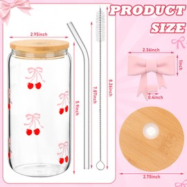 Skylety Set of 2 Coquette Bow Glass Cup 16oz Pink Bow Glass Cup with Lids and Straws Reusable Pink Bow Silicone Straw Toppers Lids Protectors 2 Brush for Drinking Coffee Boba Tea Cocktail (Cherry Bow)