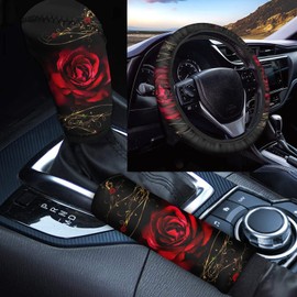 Wanyint Red Rose Print Car Steering Wheel Cover with Handbrake Cover Gear Shift Knob Cover Set for Women Universal Fit SUV Truck Vans Car Interior Accessories for Women Men