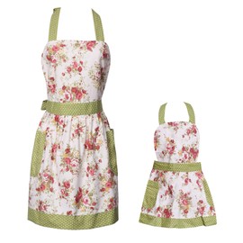 Surblue Kitchen Aprons with Pockets for 2 Pockets for Mama and Me,Set for Cooking, Baking, BBQ and Gardening, Style Diana Organic Cotton, Extra-Long Tie, Floral, 2 PCS