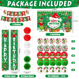 59Pcs Christmas Birthday Decorations - Happy Birthday Banner, Porch Sign, Door Backdrop, Outdoor Hanging Decor and Balloons for Party Supplies