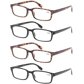 READING GLASSES 4 Pack Spring Hinge Comfort Readers Plastic Includes Sun Readers, 2 Black 2 Tortoise, Medium