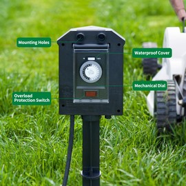 TiFFCOFiO Outdoor Power Strip Waterproof, 24 Hour Mechanical Timer, 50 ft Extension Cord, 6 Grounded Outlets for Outdoor Lights, ETL Listed