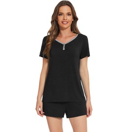 WiWi Womens Pajamas Sets Soft Short Sleeve Top and Shorts Pjs Set Viscose 2 Pieces Cooling Sleepwear S-XXL, Black, Large